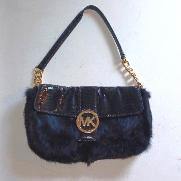 MICHAEL KORS FULTON BLACK RABBIT FUR+PYTHON LEATHER+ CLUTCH,SHOULDER BAG - Picture 5 of 7